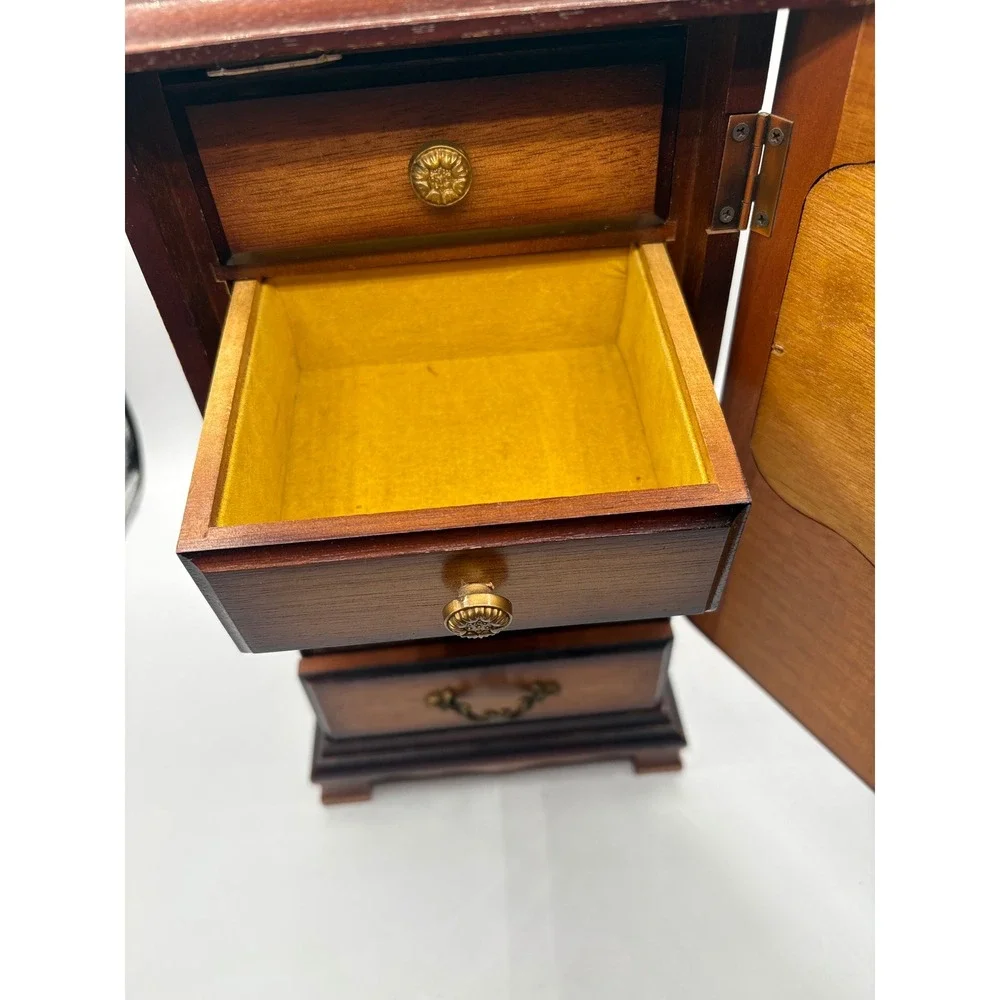 Vintage Wooden Jewelry Box Armoire Sunset Scene Music Box Cabinet 3 Drawers
